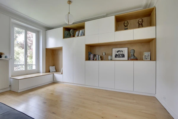 Aménagement salon, menuiserie sur mesure Bois-Colombes. Marion Millet Architecte 