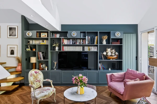 Meuble Tv sur mesure. Green smoke. Farrow and Ball. 